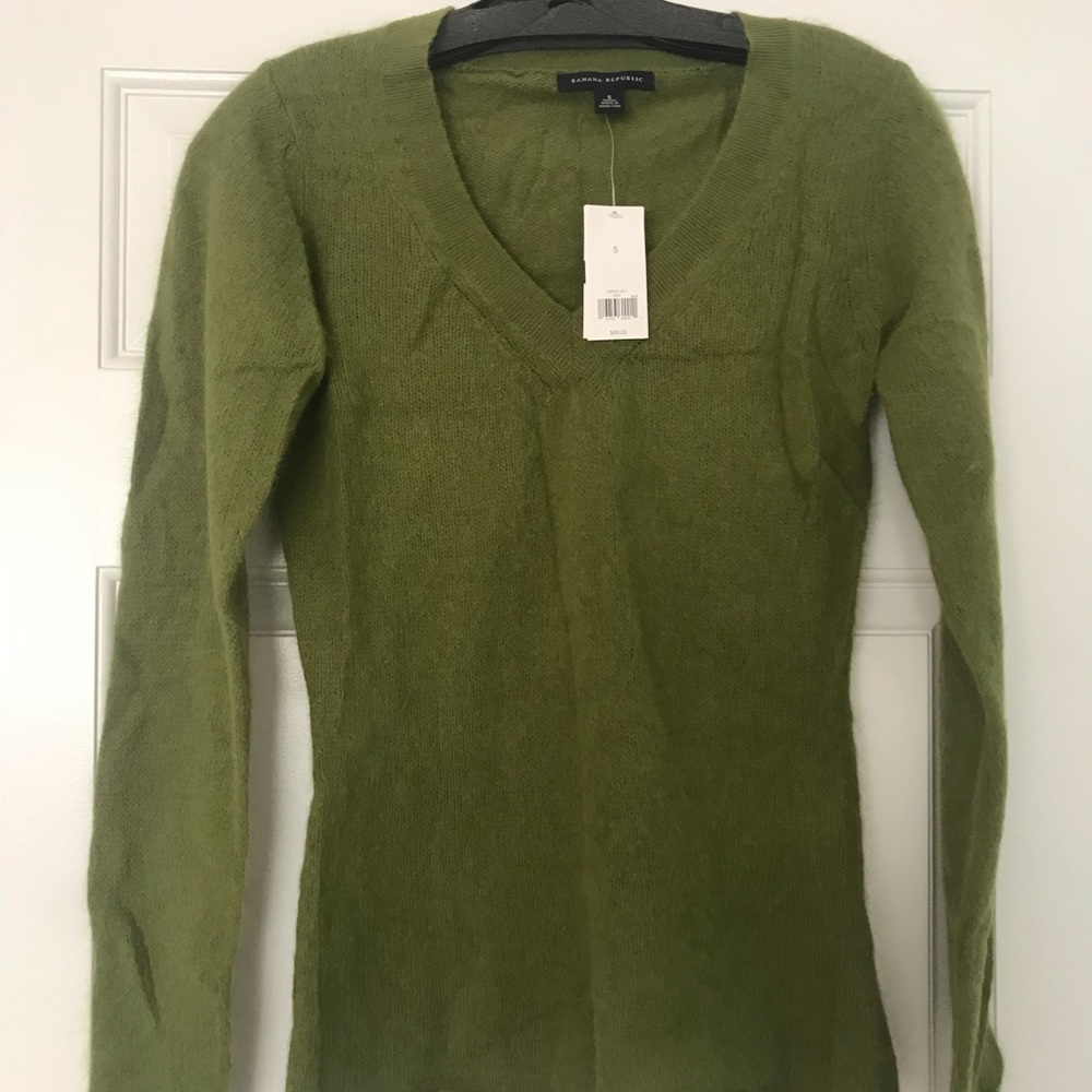 100 % angora rabbit hair olive green V Neck sweater